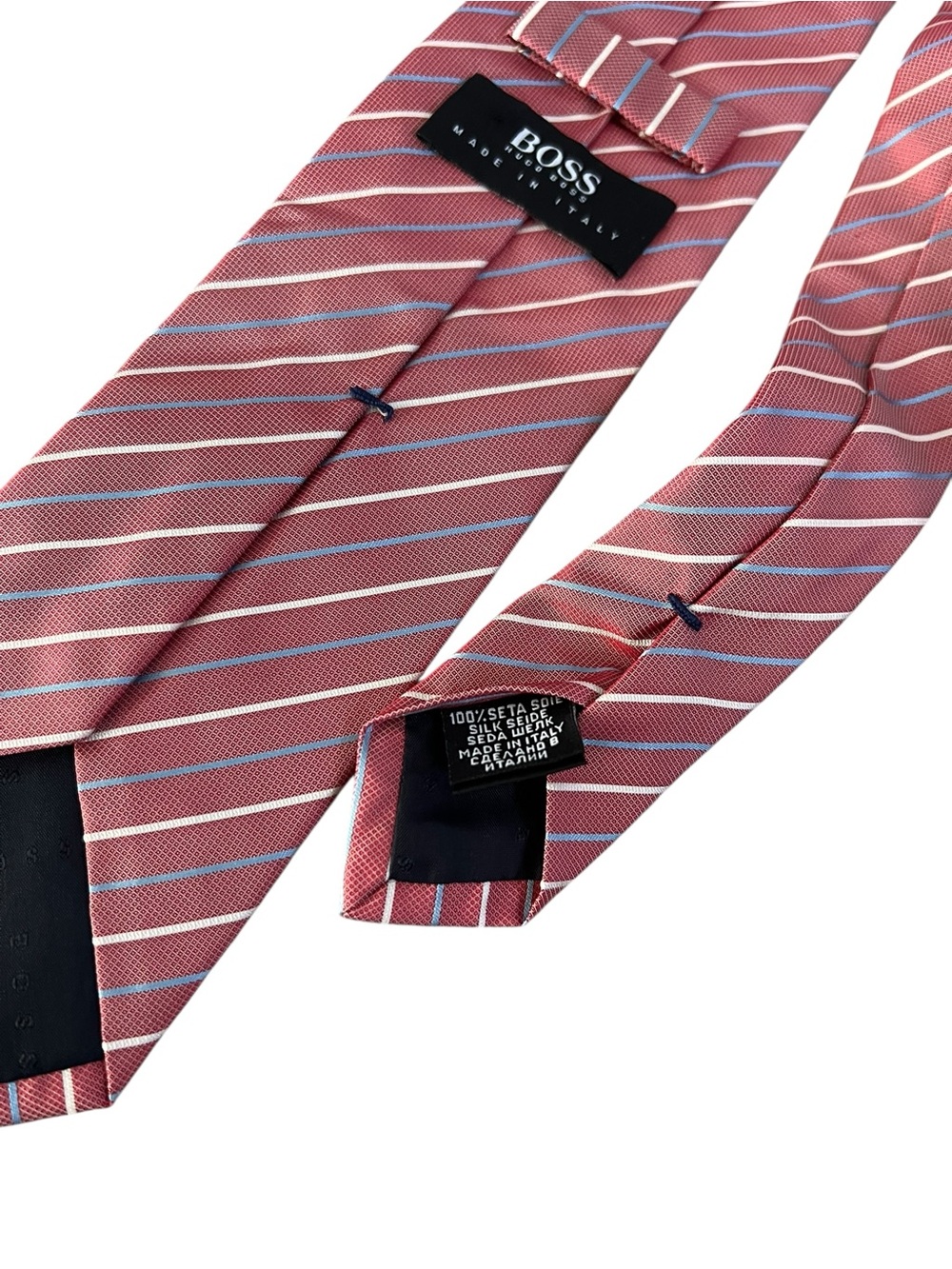 Hugo Boss Silk Necktie Red White Blue Diagonal Stripe Designer Tie Made Italy - Picture 4 of 4